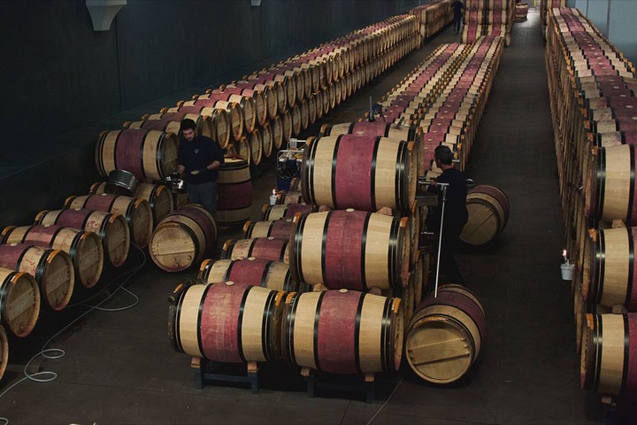 Sala de barricas de una bodega vista desde arriba